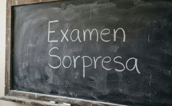 Examen Sorpresa escrito en pizarra escolar para evaluar conocimientos de estudiantes en el aula