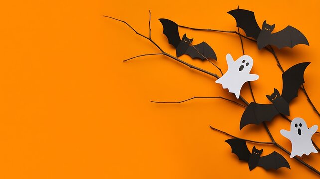 Halloween background with white ghosts and black bats on orange surface