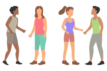 Fototapeta premium Four People Standing and Talking in Sportswear Clothes Illustration