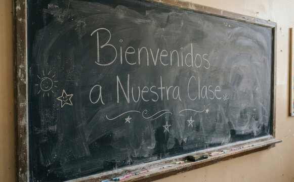 Bienvenidos a Nuestra Clase pizarra escolar con mensaje de bienvenida en espanol para educacion y regreso a clases