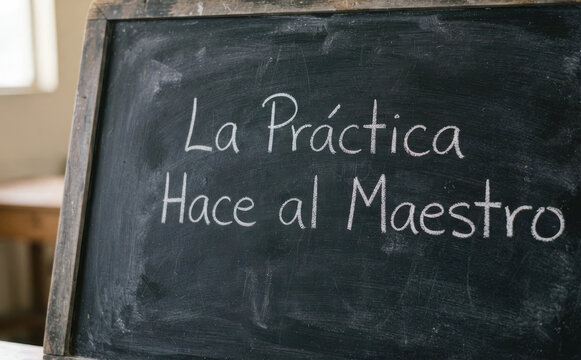 La Practica Hace al Maestro frase en pizarra concepto de aprendizaje educacion superacion