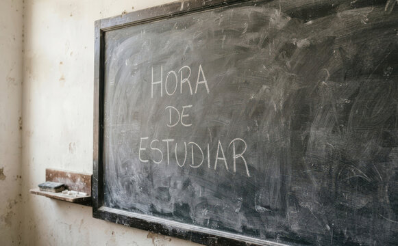 HORA DE ESTUDIAR pizarra escolar con texto en espanol concepto de educacion y aprendizaje para lapiz y tiza