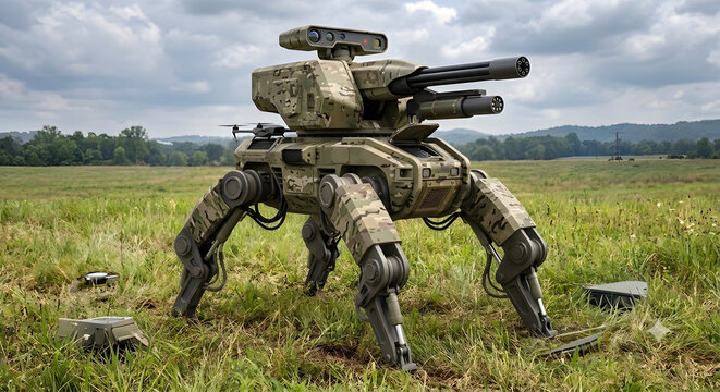 Futuristic Autonomous Quadrupedal Military Combat Robot with Multi-Barrel Cannon on Field Patrol