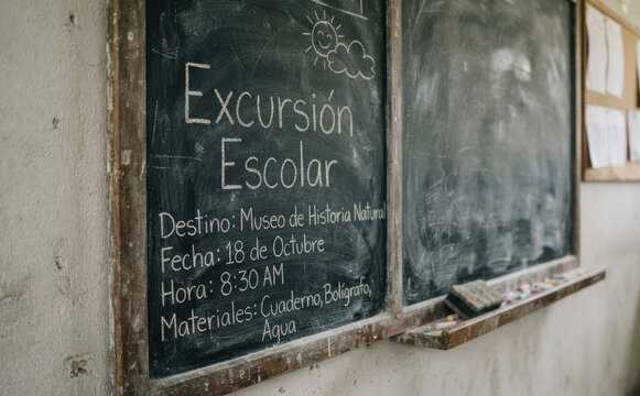 Excursi&oacute;n escolar aviso en pizarra de tiza sobre un viaje educativo al museo de historia natural para estudiantes y aprendizaje