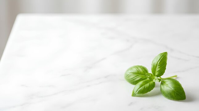 Fresh basil sprig on white marble background
