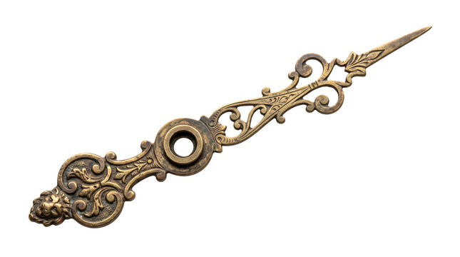 Ornate antique brass clock hand featuring intricate scrollwork and relief lion head design for vintage horology restoration or decorative steampunk craft projects.