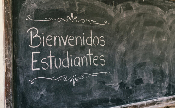 Bienvenidos Estudiantes escrito con tiza blanca en un encerado negro para decoracion escolar y educativa en el aula