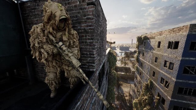 Camouflaged sniper in ghillie suit in ruined warzone building facing enemy soldier, drone and fighter jet, 3D animation