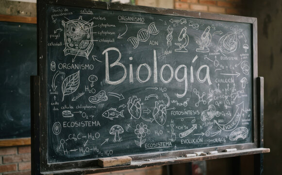 Biologia pizarra con dibujos de celulas ADN y ecosistemas para educacion y ciencia