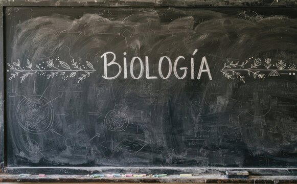 BIOLOGIA pizarra escolar con dibujos de ciencia y educacion para aprender