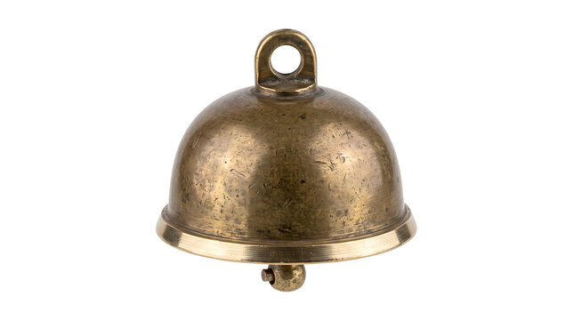 Rustic bronze hanging bell displays a simple dome shape with a suspension loop and weathered surface texture for maritime decor or traditional farmhouse aesthetics.