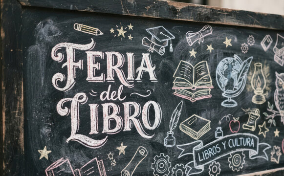 Feria del Libro pizarra cartel con tipografia para educacion lectura y cultura
