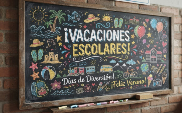 Vacaciones Escolares Dias de Diversion Feliz Verano, pizarra escolar con dibujos de tiza colorida para educacion infantil y fin de curso