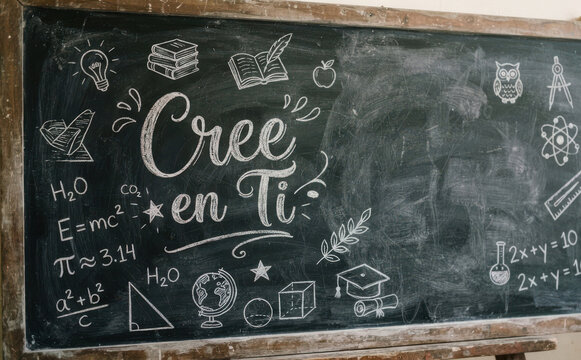 Cree en Ti pizarron escolar con formulas y dibujos educativos para motivacion y aprendizaje