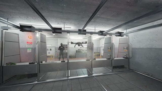 Military operator controlling armed drone shooting bullets at target in indoor shooting range, 3D animation