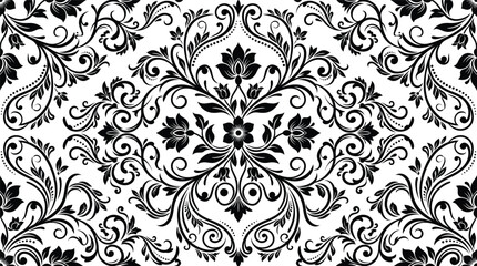 Fototapeta premium Intricate black and white damask pattern with ornamental floral motifs for seamless decorative backgrounds.
