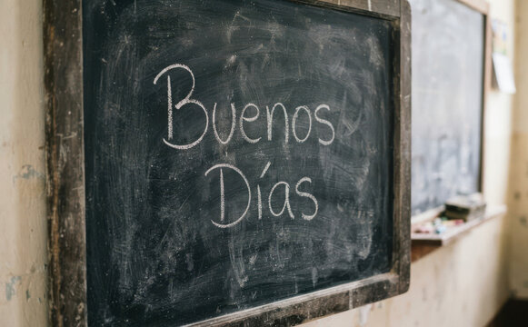 Buenos Dias escrito con tiza en un tablero escolar concepto de educacion y aprendizaje para clases de idiomas