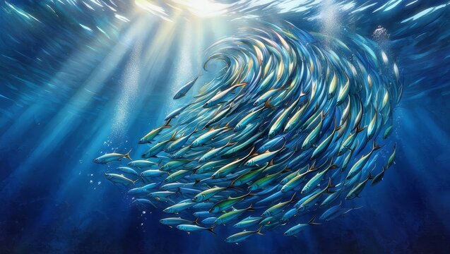 School of Fish Swirling in Sunlight Under the Ocean Surface