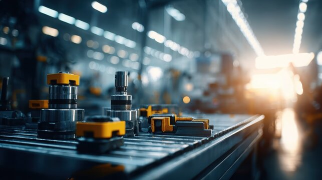 Set of industrial grade clamps of various sizes neatly arranged on a factory production line