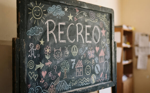 RECREO en pizarra escolar con dibujos infantiles de tiza para educacion infantil y aprendizaje escolar