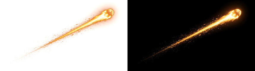Flying fireball leaving a bright spark trail streaking diagonally through darkness for action and gaming design projects, PNG, Transparent and Black Background Versions © Guddoo