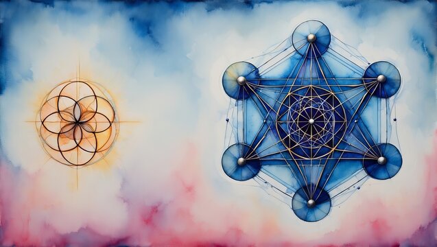 Sacred Geometry and Metatron's Cube on Watercolor Background
