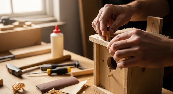 Hands assembling wooden toy box in cozy crafting workshop with tools around
