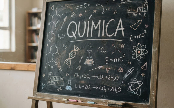 QUIMICA Pizarron escolar con formulas cientificas y moleculas para educacion y ciencia