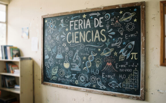 FERIA DE CIENCIAS en pizarra escolar, concepto de educacion cientifica y aprendizaje escolar de ciencias