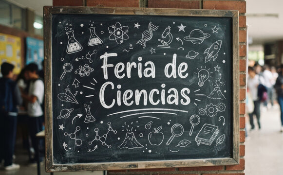 Feria de Ciencias cartel escolar con dibujos cientificos en pizarra para educacion y aprendizaje