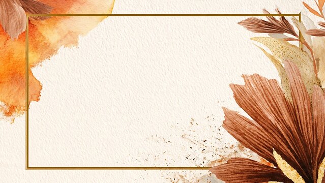 boho watercolor floral frame with gold border and copy space for wedding invitation template