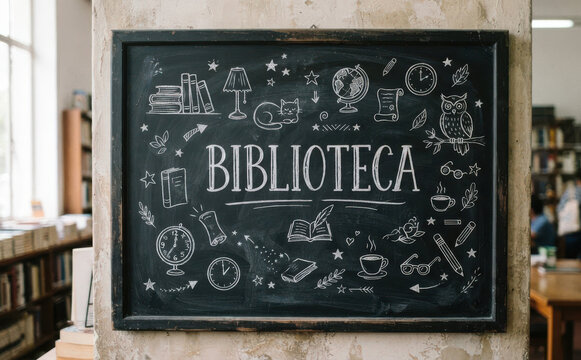 BIBLIOTECA Pizarron escolar con dibujos y letras para educacion y lectura