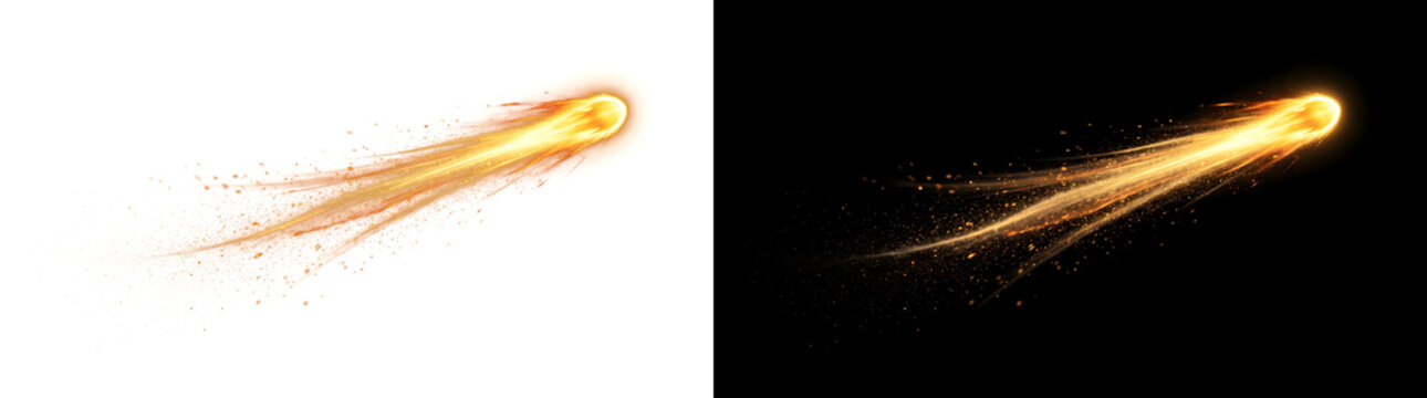 Golden fire comet streak with glowing spark trail flying diagonally in PNG, Transparent and Black Background Versions