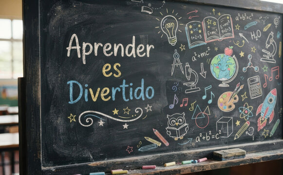 Aprender es Divertido - Pizarron escolar con dibujos educativos y ciencia para proyectos infantiles y educacion