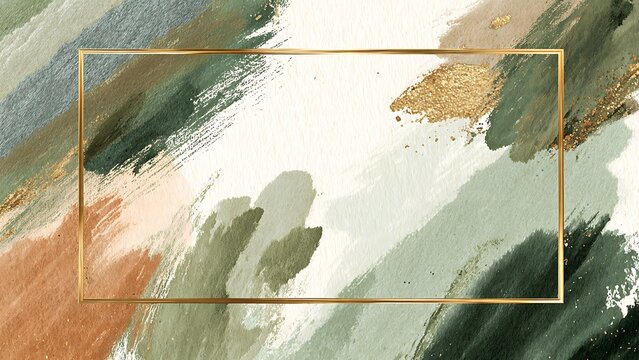 Elegant Watercolor Abstract Background with Gold Frame and Copy Space for Social Media Template