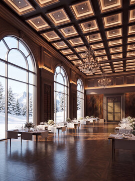 Large room with a lot of windows and a chandel