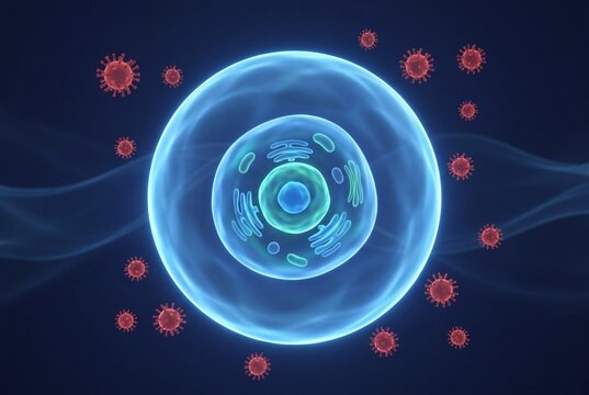 Healthy Human Cell Protected by Glowing Blue Force Field Against Virus Attack