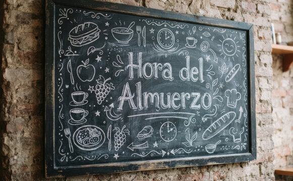 Hora del Almuerzo pizarran con dibujos de comida para restaurante y cafeteria