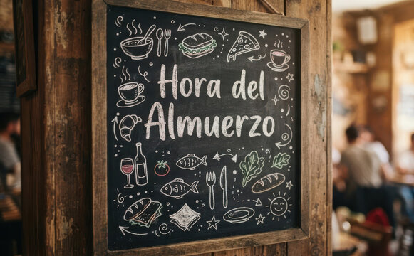 Hora del Almuerzo letrero de pizarra con comida dibujo tiza restaurante menu cafeteria
