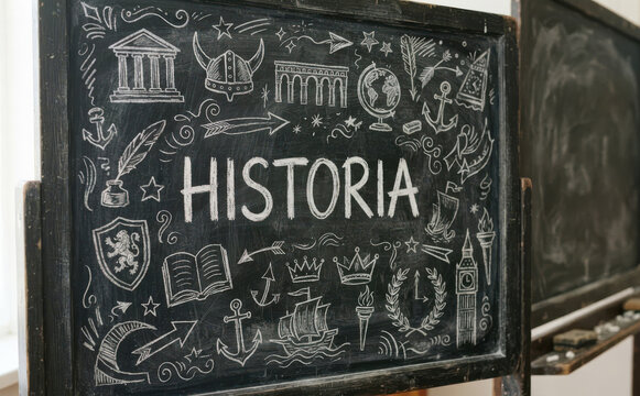 HISTORIA pizarra escolar con dibujos educativos de historia universal y conceptos de educacion