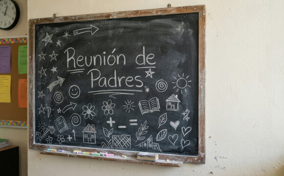 Reunion de Padres escrito en pizarra con tiza concepto de educacion escolar y reunion familiar