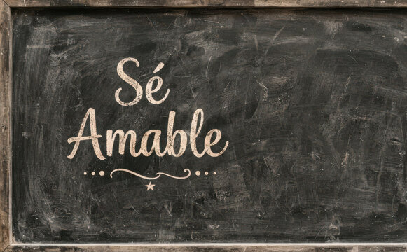 S&eacute; Amable frase motivacional en pizarra escolar concepto de bondad educaci&oacute;n y bienestar emocional