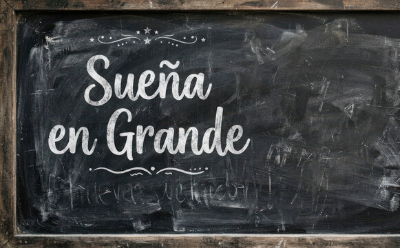 Sue&ntilde;a en Grande escrito en pizarra, cartel motivacional con frase inspiradora para exito y superacion personal en educacion
