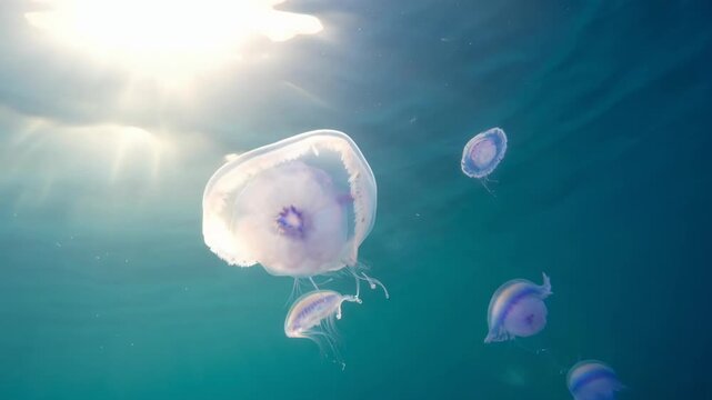 Underwater video of a jellyfish, captured from a side angle with sunlight streaming down. Live desktop wallpaper.