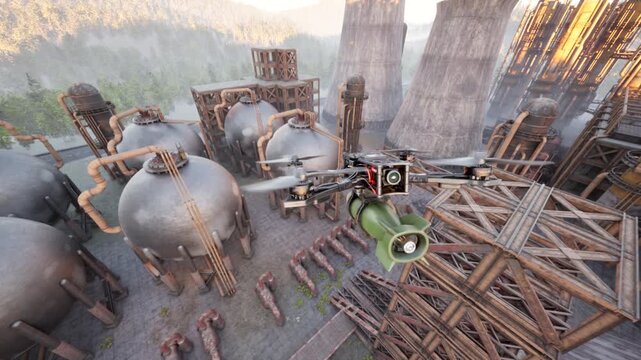 Swarm of military bomb drones flying in formation to attack industrial power plant refinery, 3D animation