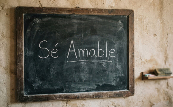 S&eacute; Amable, mensaje positivo escrito en pizarra para inspirar bondad y educaci&oacute;n