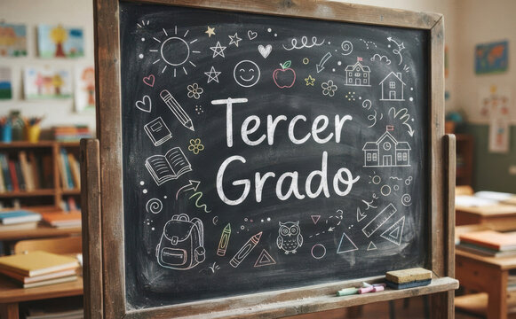 Tercer Grado pizarra escolar con dibujos para educacion infantil y regreso a clases