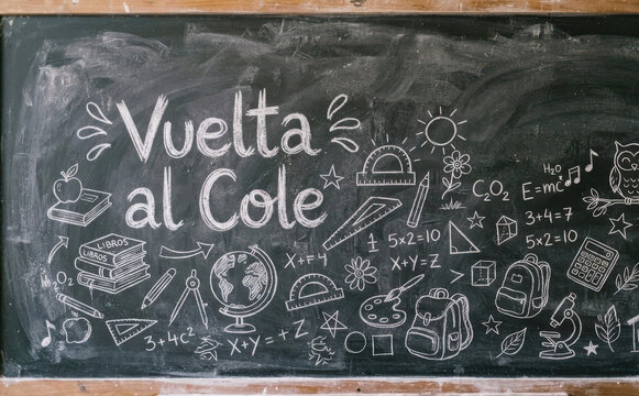 Vuelta al cole pizarra escolar con dibujos de ciencia y matematicas para educacion