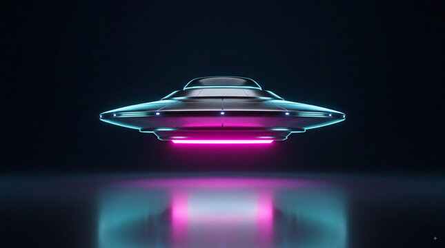 Futuristic flying saucer hovering above a reflective surface with cyan and magenta neon lights on a dark sci fi background for alien technology concept
