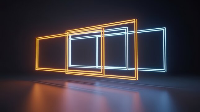 Neon rectangular frames in orange and white glow, overlapping in a dark space with reflective floor and ambient lighting.